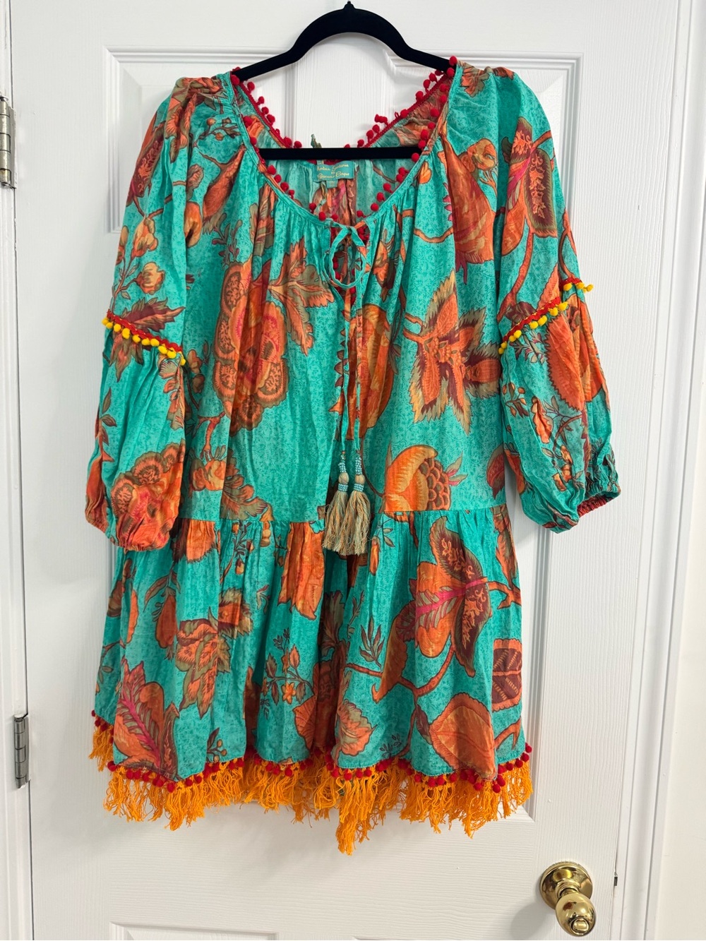 Women’s  Turquoise & Orange Floral Tiered Dress with Tassel Detail